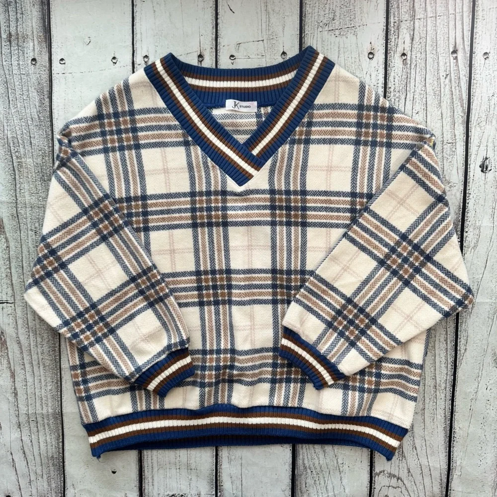 JK Studio Plaid‎ Varsity V-Neck Oversized Sweater